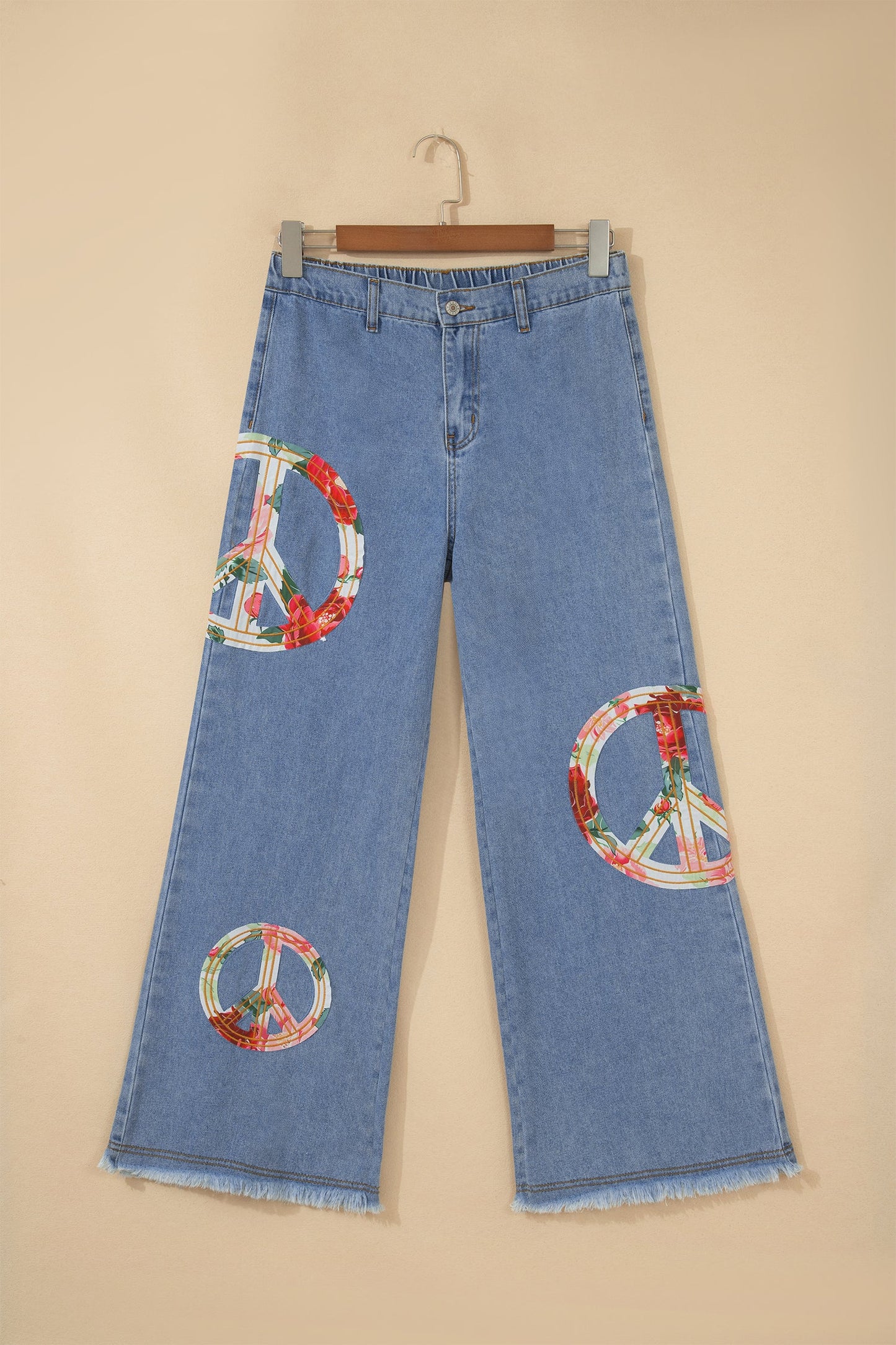 Floral Peace Sign Embroidered Patch Wide Leg Jeans