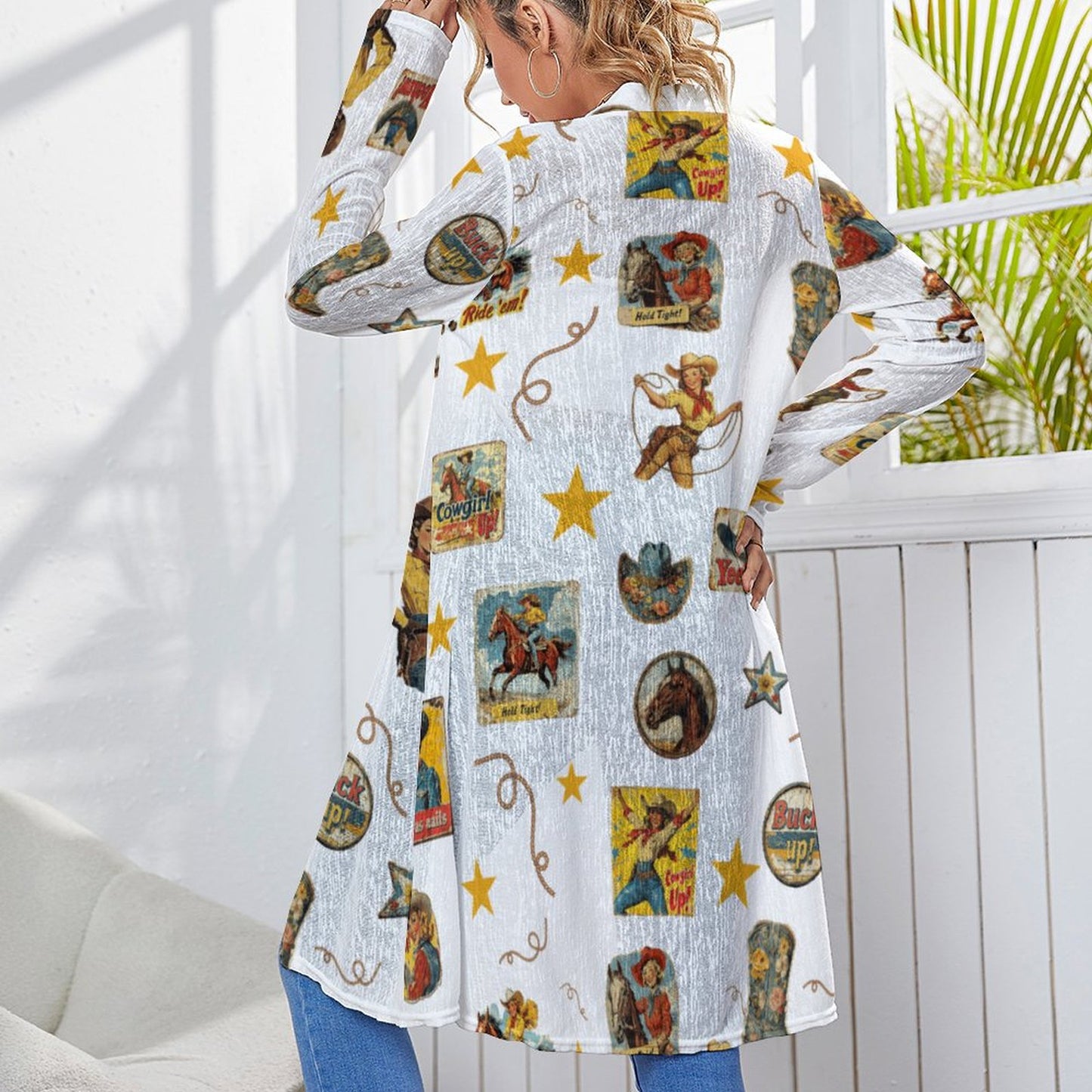 Baha Ranch Vintage Cowgirl Collage Western Lightweight Cardigan