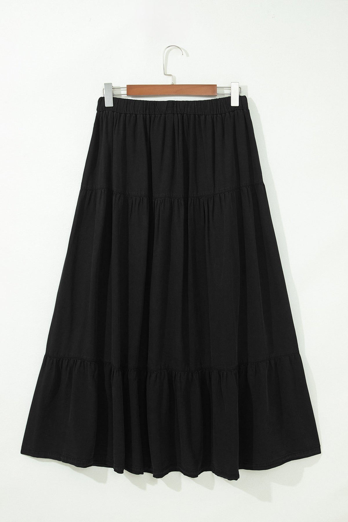 Denim Ruffle Tiered Flared Maxi Skirt