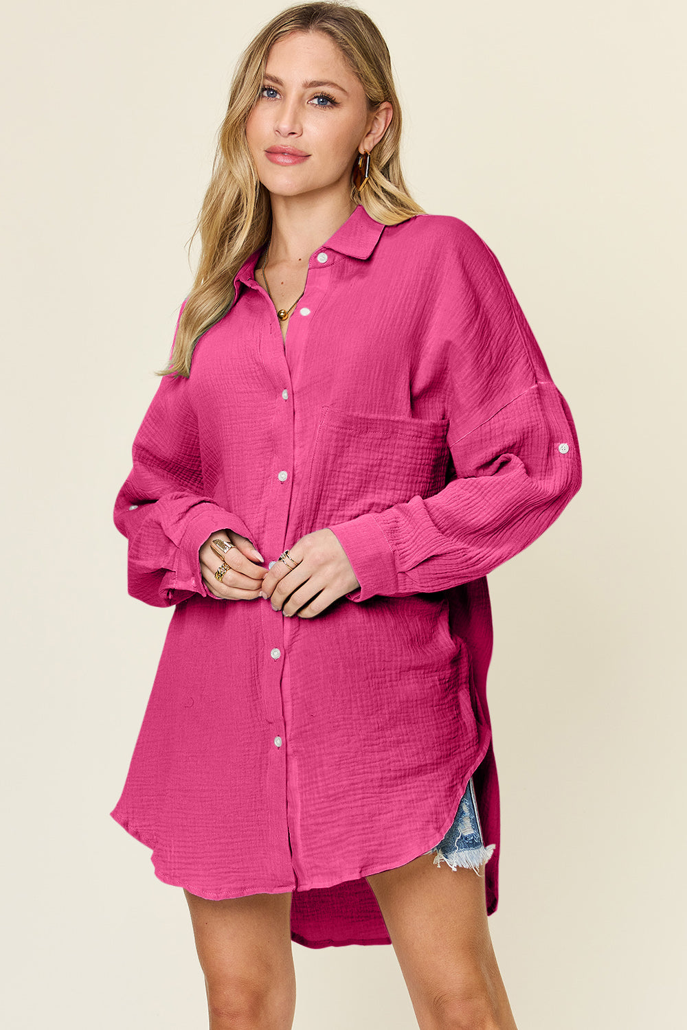 Double Take Full Size Pocketed Texture Button Up Shacket Big Shirt choice of colors