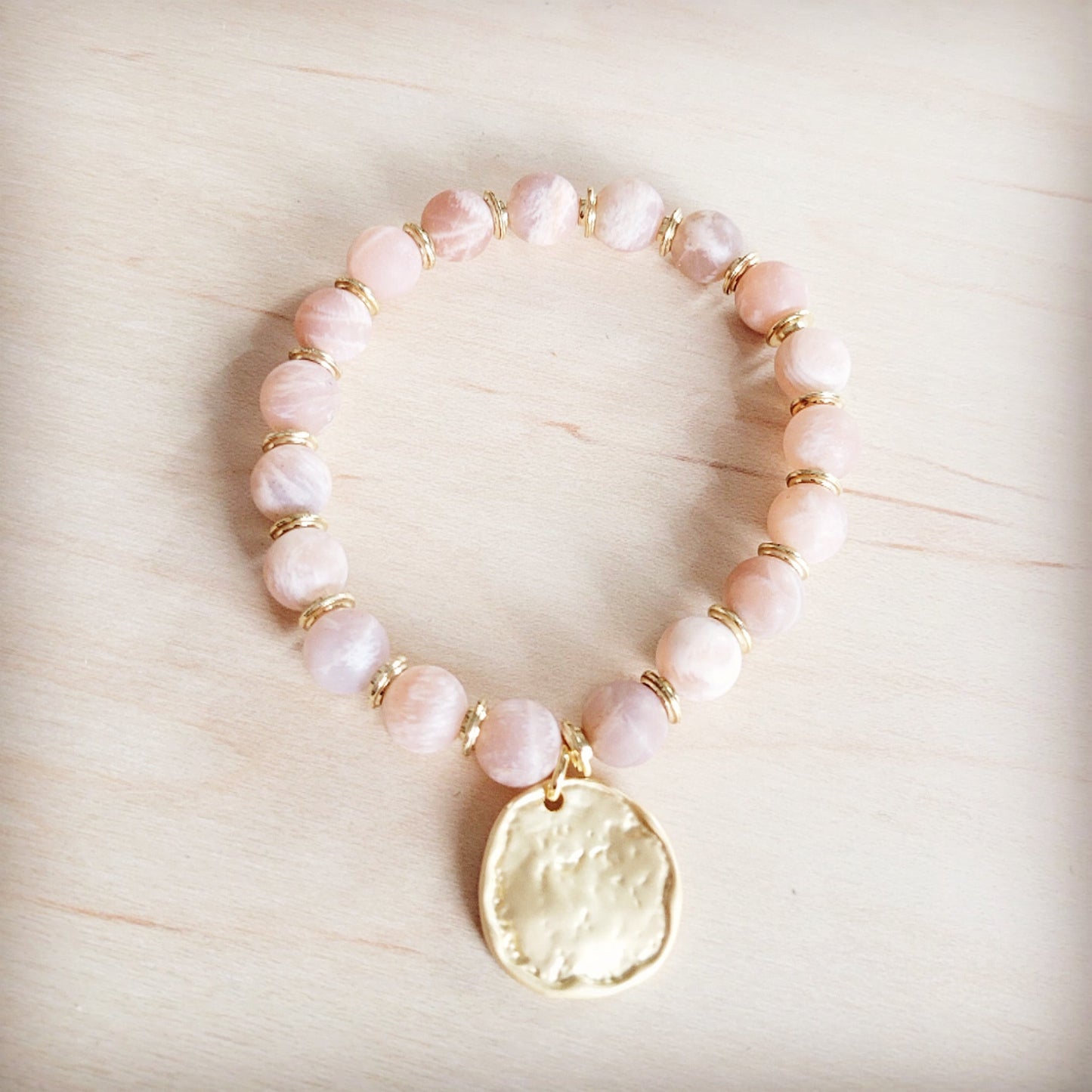 The Jewelry Junkie Frosted Sunstone Stretch Bracelet w/ Matte Gold Charm 811q