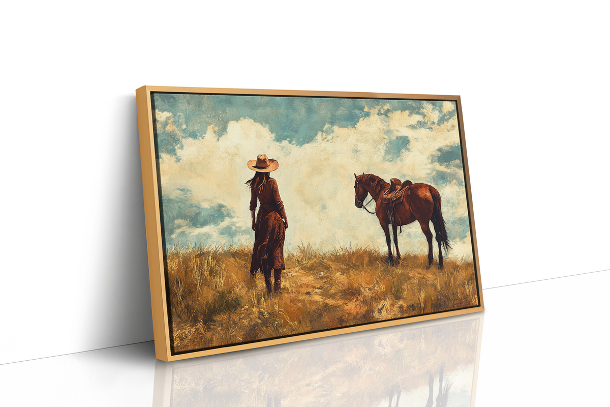Cowgirl and Horse Under Big Sky
