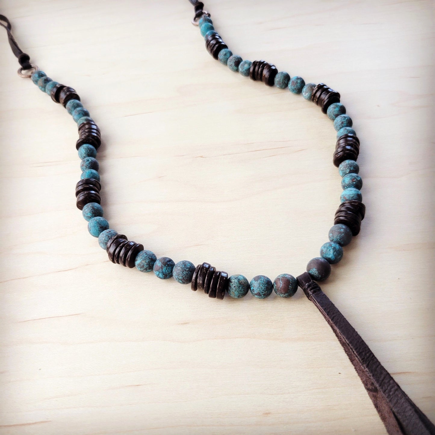The Jewelry Junkie Natural American Turquoise Necklace w/ Wood Beads & Tassel 262i