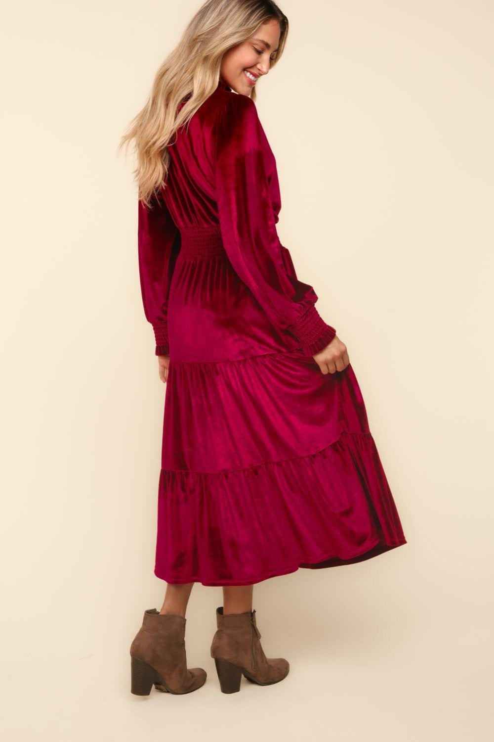 Holiday Smocked Waist Velvet Tiered Dress