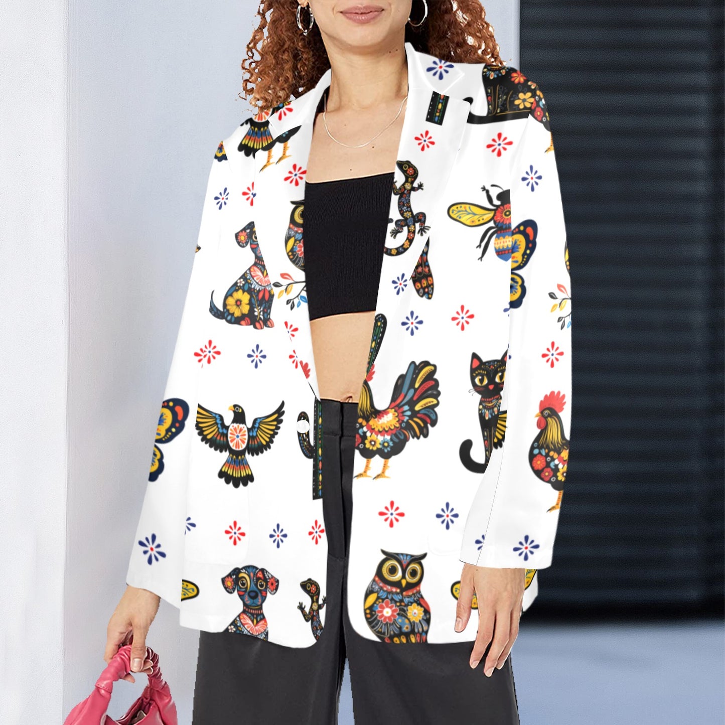 Colores de Mexico Mexican Talavera Floral Animals Blazer in White