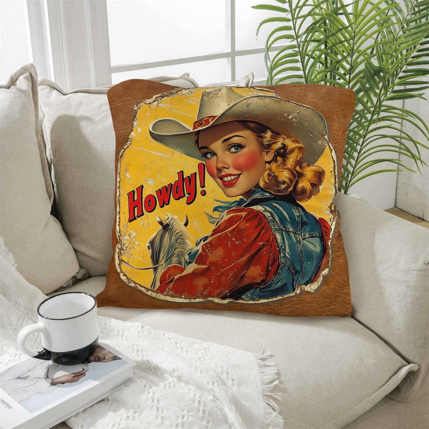 Vintage Cowgirl Howdy Throw Pillow 18 x 18 Made in America