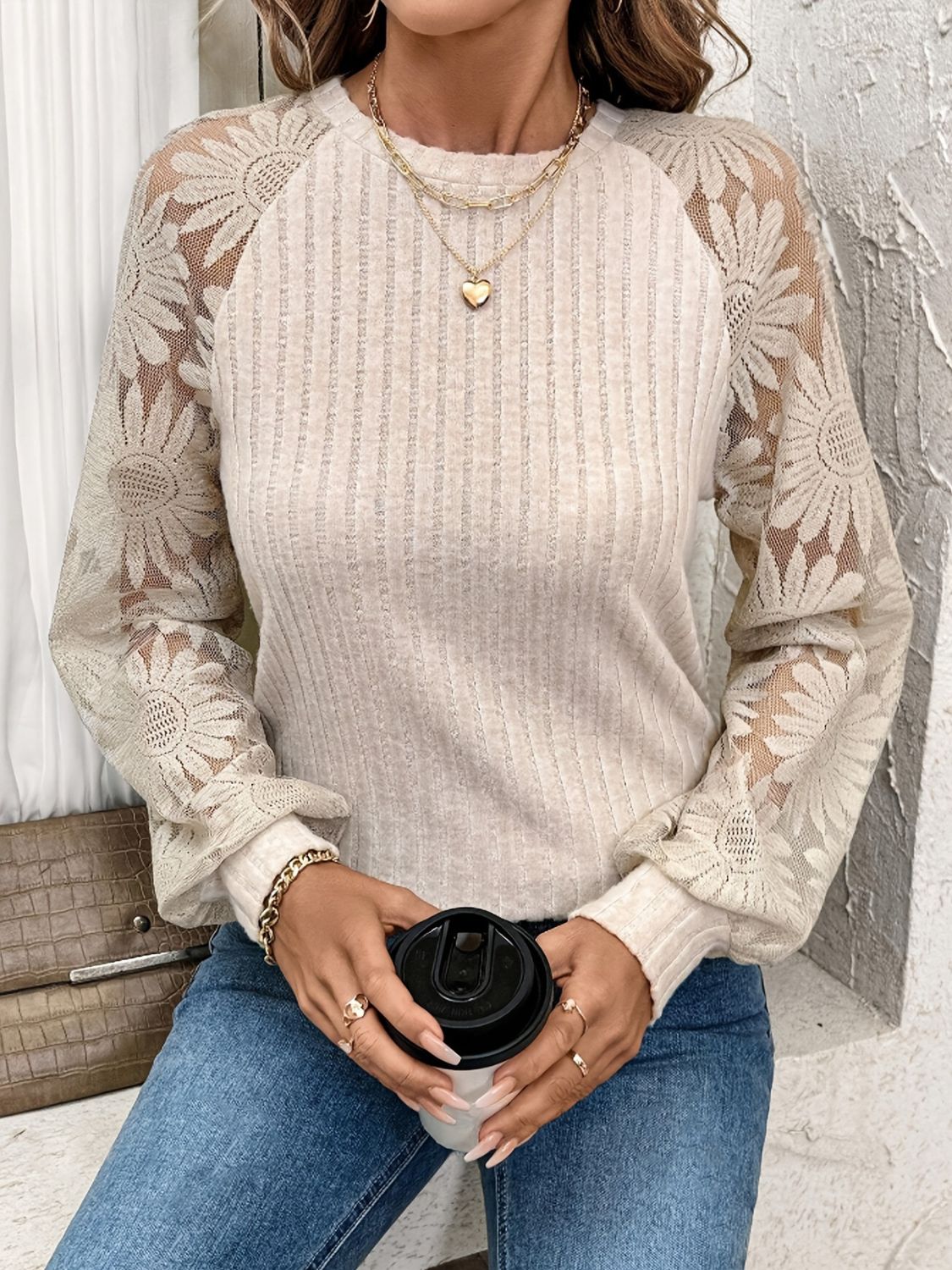 Floral Lace Sleeve Knit Top