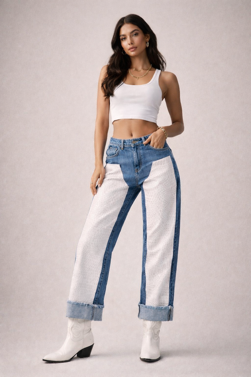 GJG Low Rise Cuffed Jeans with Pink Vinyl Croc Panels
