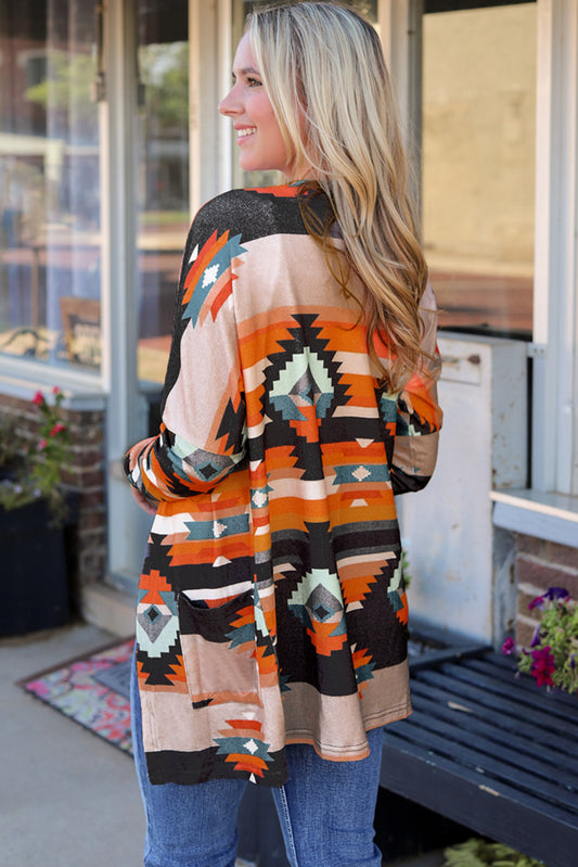 Aztec Open Front Long Sleeve Cardigan with Pockets