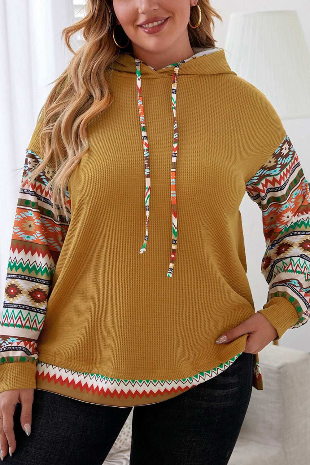 Plus Size Waffle-Knit Aztec Dropped Shoulder Hoodie