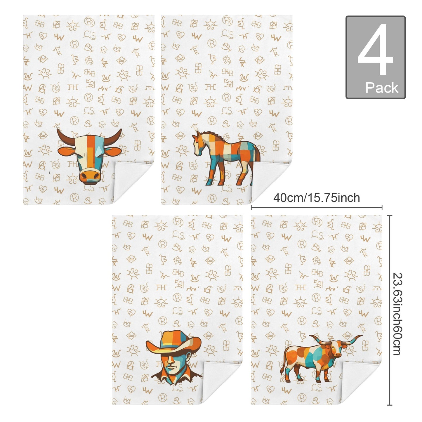 Set of 4 Minimalistic Cowboy Western Cattle Brands Kitchen Towels Made in America