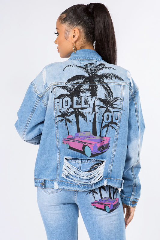 American Bazi Graphic Distressed Long Sleeve Denim Jacket Clearance