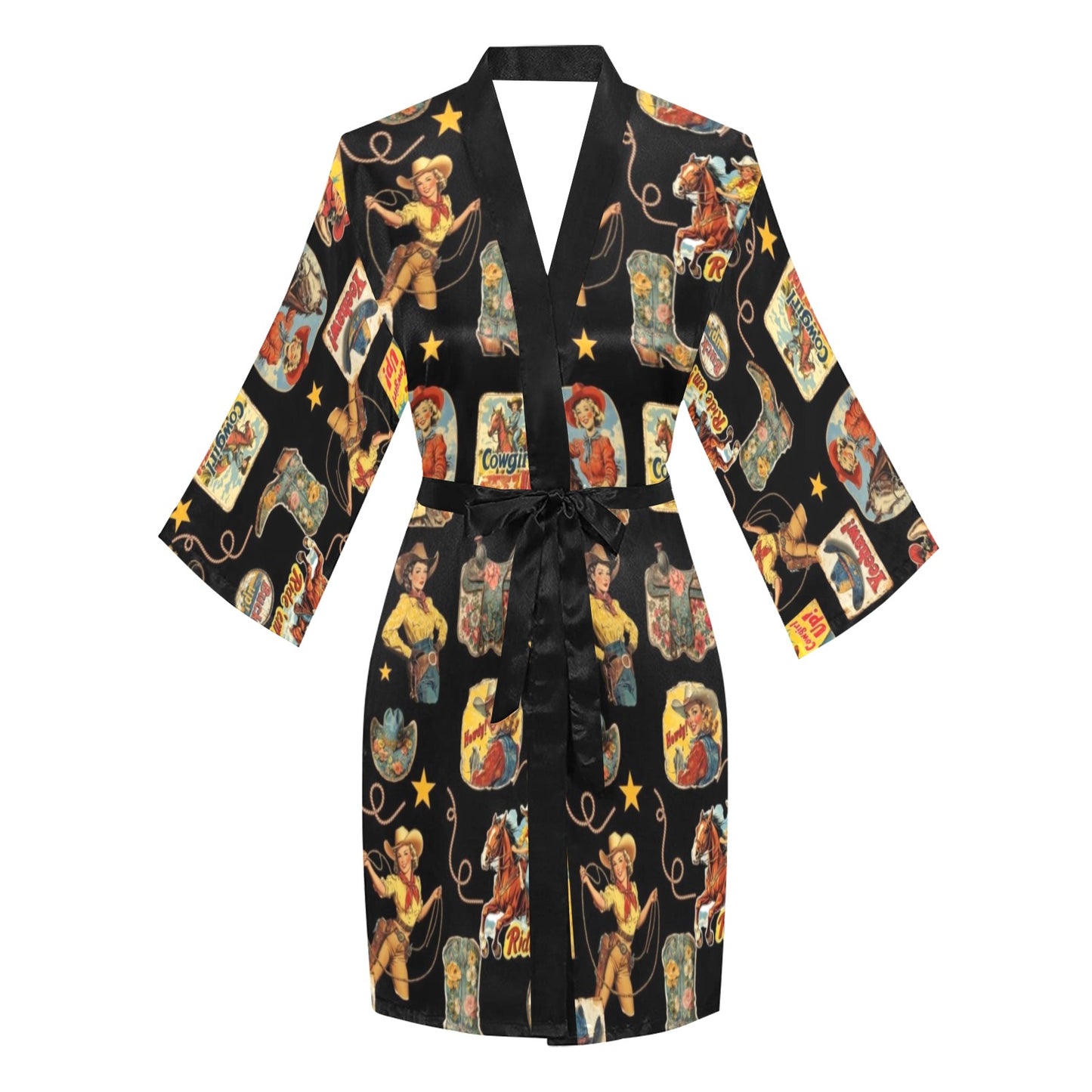 Vintage Cowgirl Collage Satin Kimono Sleeve Robe