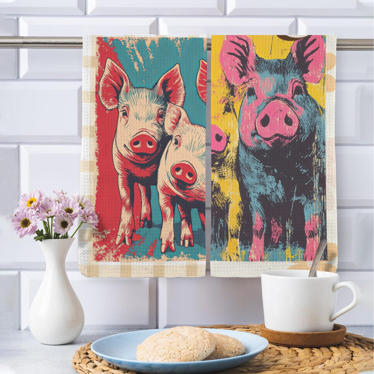 Baha Ranch Groovy Flower Pigs set of 2 Kitchen Towels Made in America