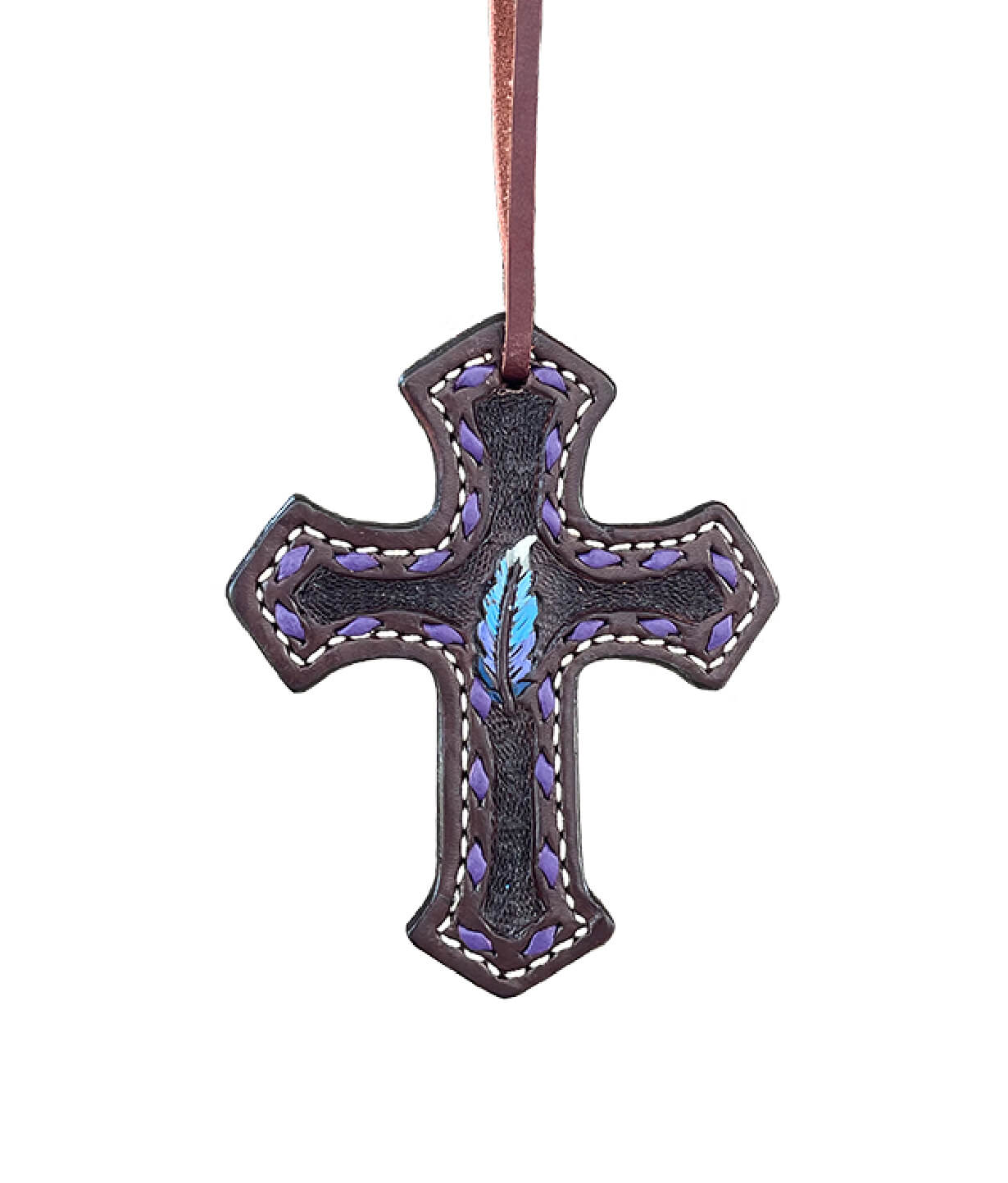 Alamo Saddlery 108-FEATHER2 Cross chocolate leather multicolored feather tooled with buckstitch