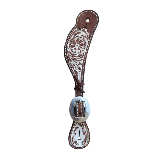 Alamo Saddlery 382-IRO Ladies spur straps rough out chocolate leather floral tooled with background paint