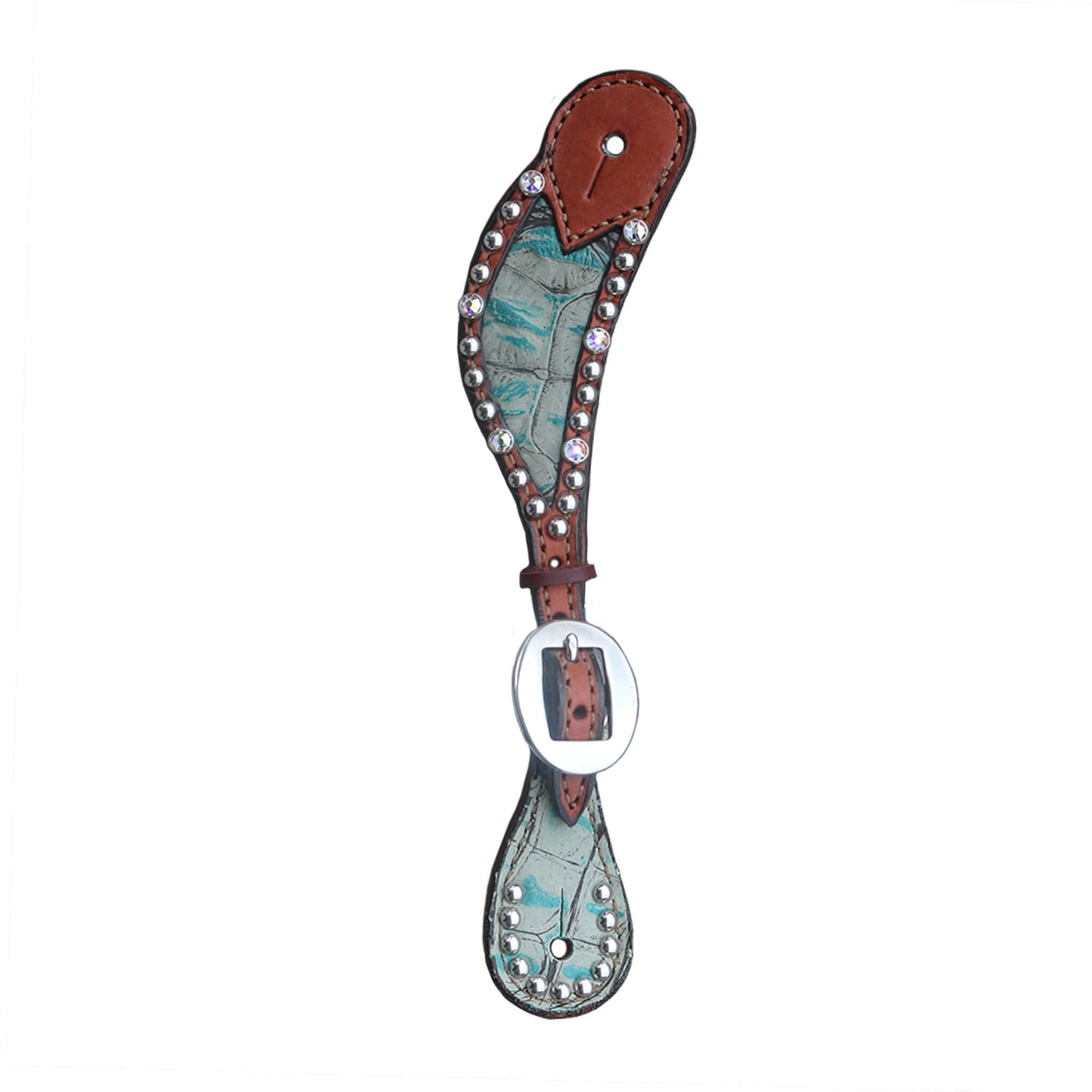Alamo Saddlery 382-JGT Ladies spur straps golden leather turquoise gator inlay with crystals and spots