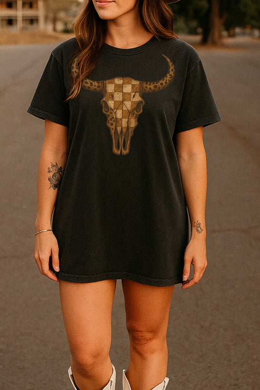 Checkered Longhorn Skull Western Graphic Shirt – Graphic Tee, Long Sleeve & Crewneck