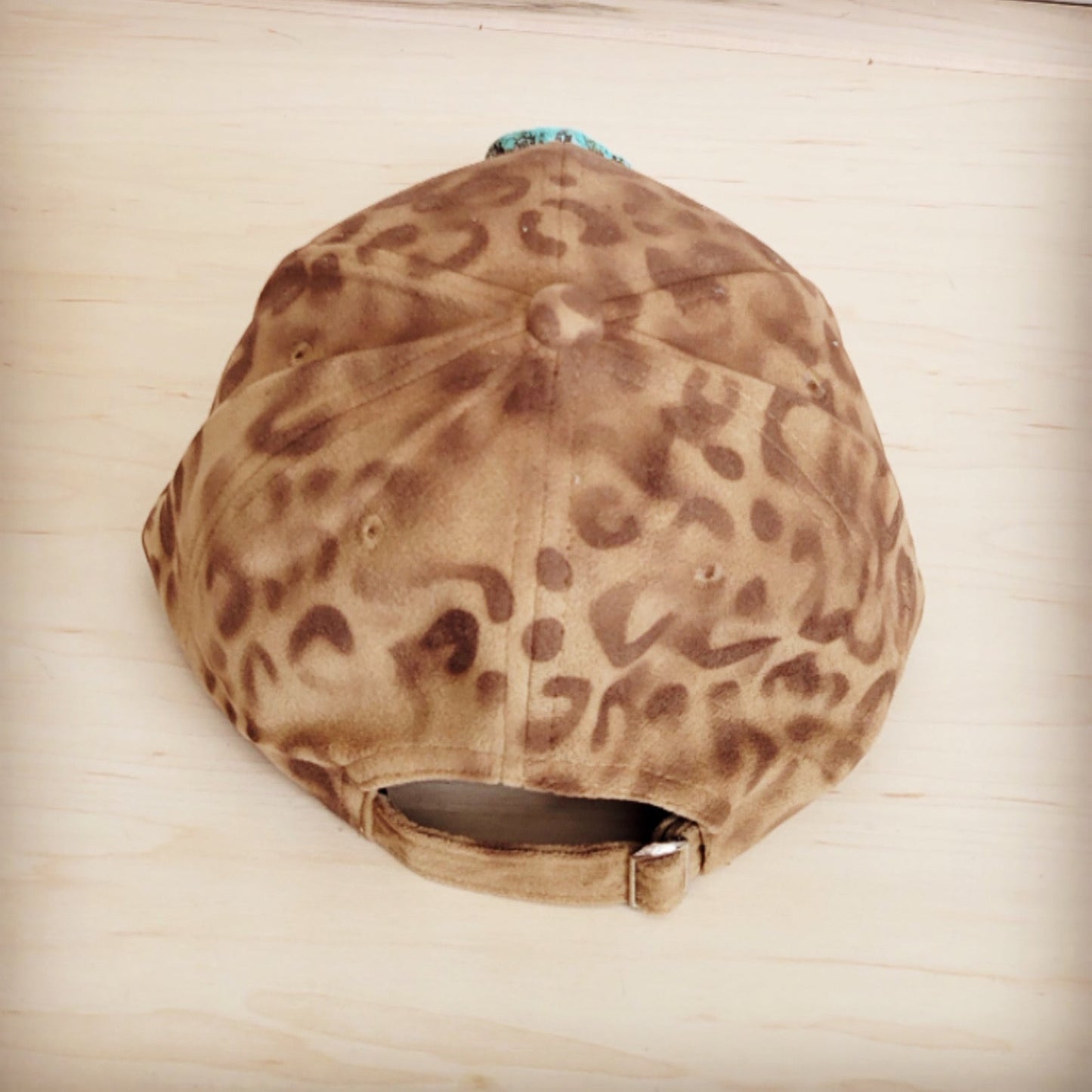 The Jewelry Junkie Hand-Painted Leopard Suede Baseball Cap Tan w/ Turq 986u
