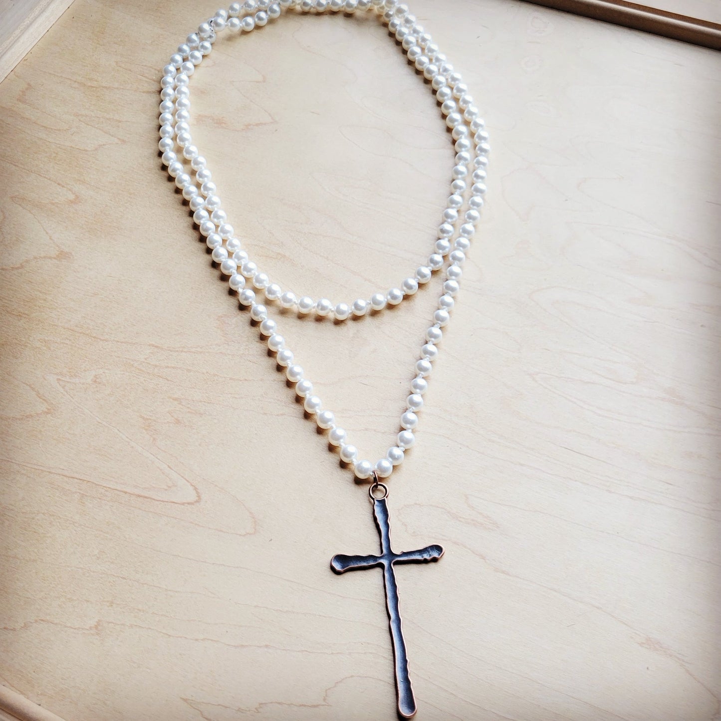 The Jewelry Junkie Extra Long Pearl Beaded Necklace w/ Copper Cross 260m
