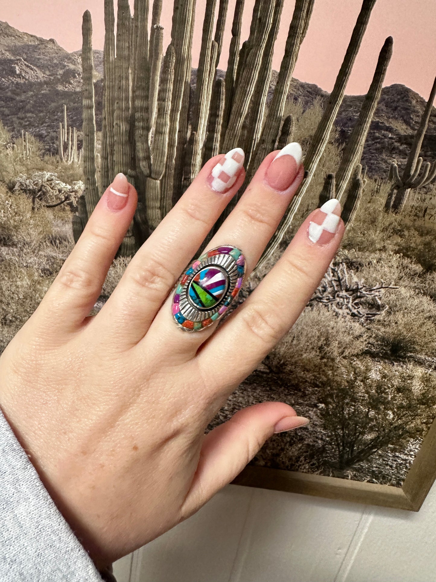 Handmade Sterling Silver & Multi Stone Inlay Adjustable Ring