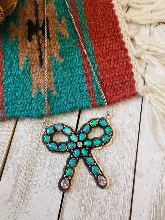** Christmas Collection ** Handmade Sterling Silver, Synthetic Opal & CZ Bow Necklace Signed Nizhoni