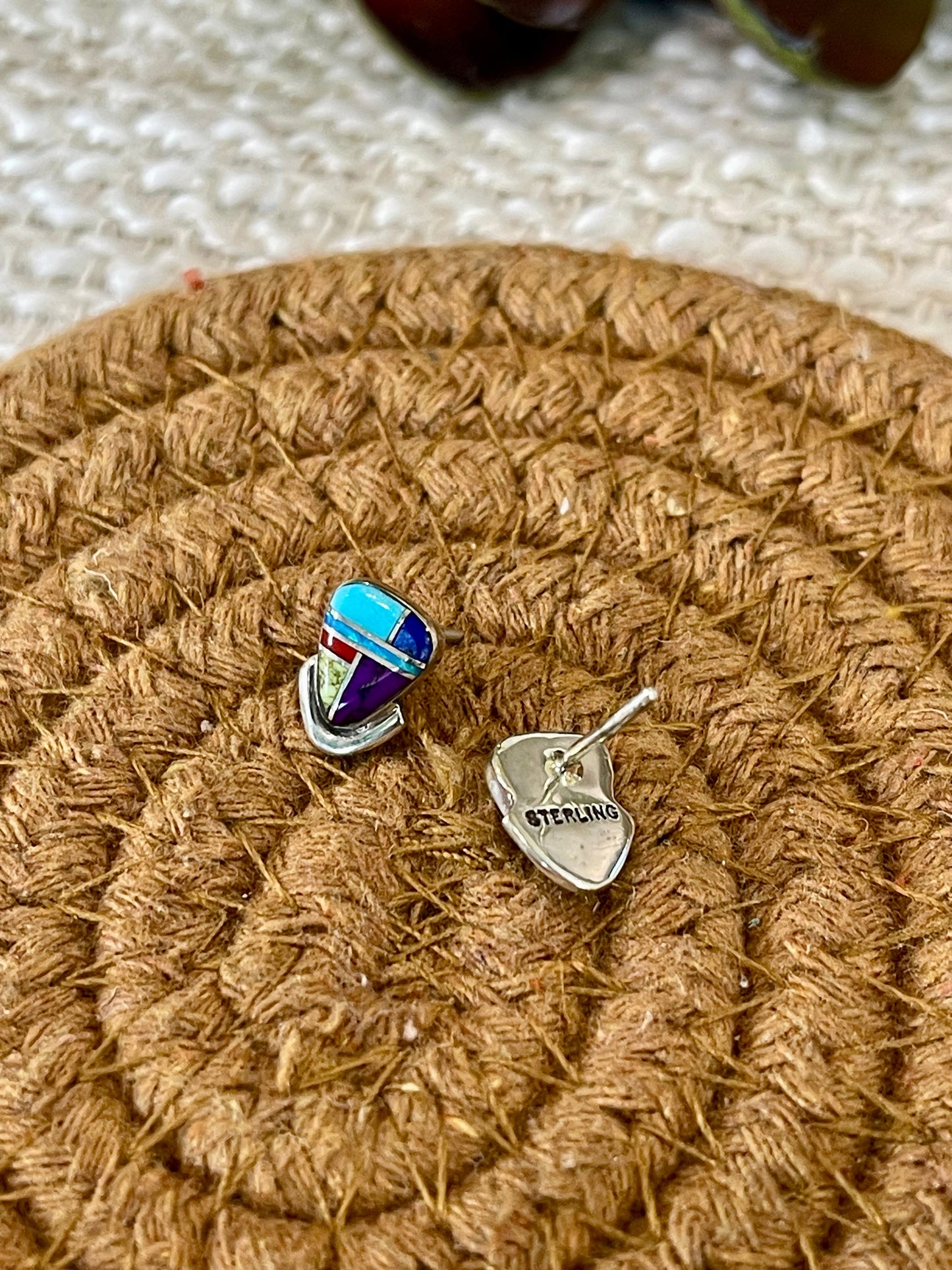 Beautiful Handmade Sterling Silver & Multi Stone Inlay Stud Earrings