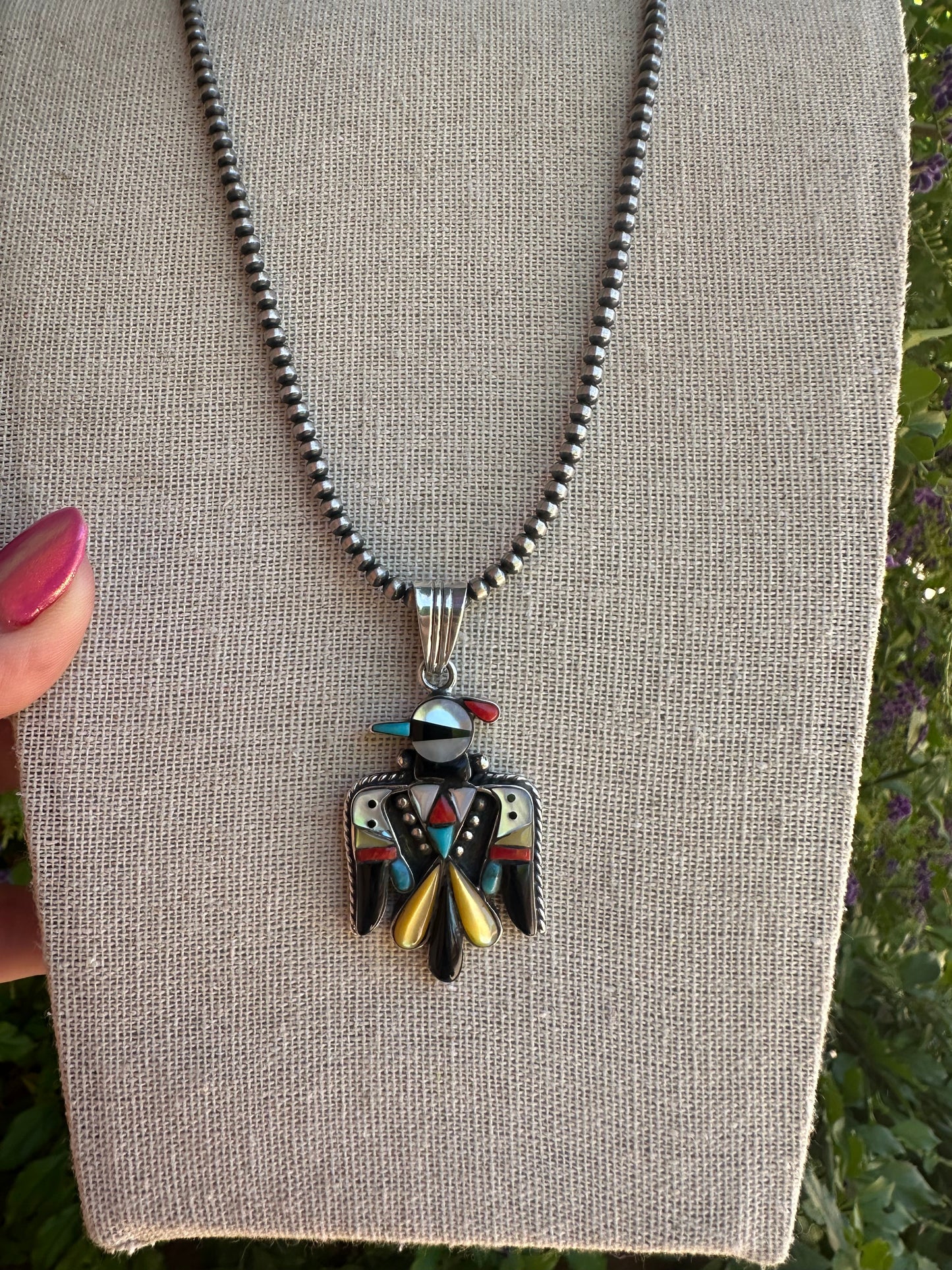 Handmade Sterling Silver Multi Stone Inlay Thunderbird Pendant Signed Nizhoni