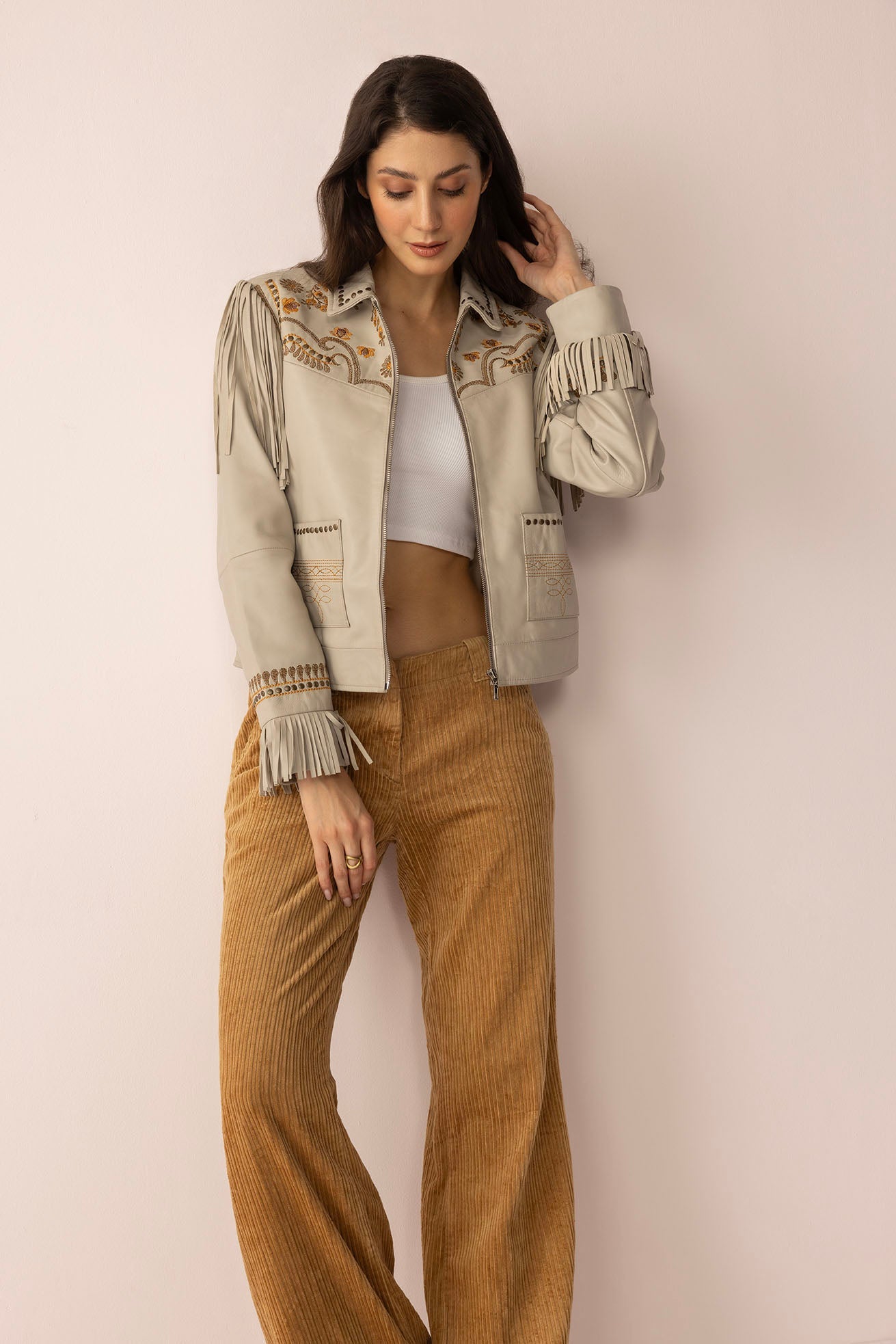 Myra Dust & Daisies Leather Jacket in Starlit White