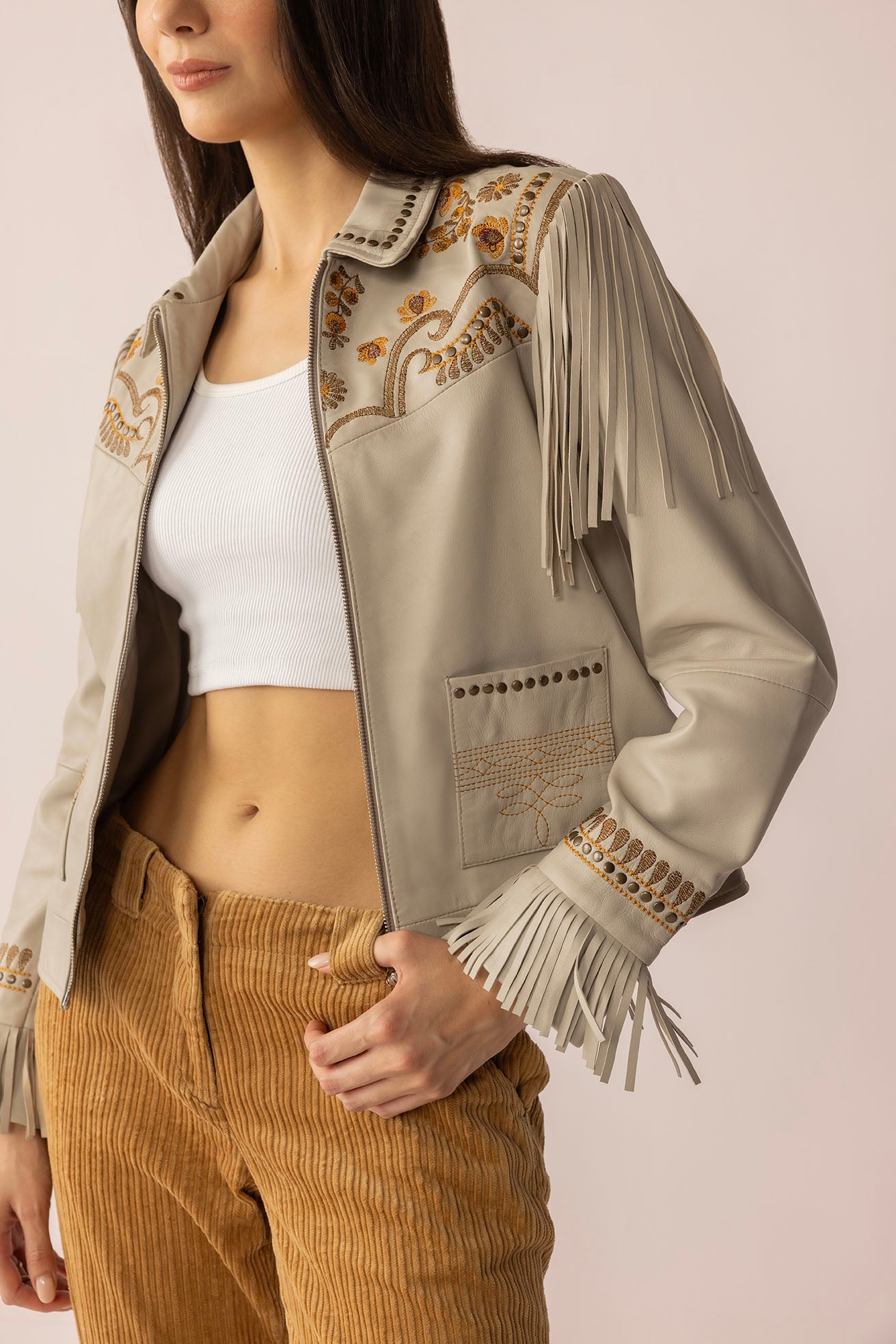 Myra Dust & Daisies Leather Jacket in Starlit White