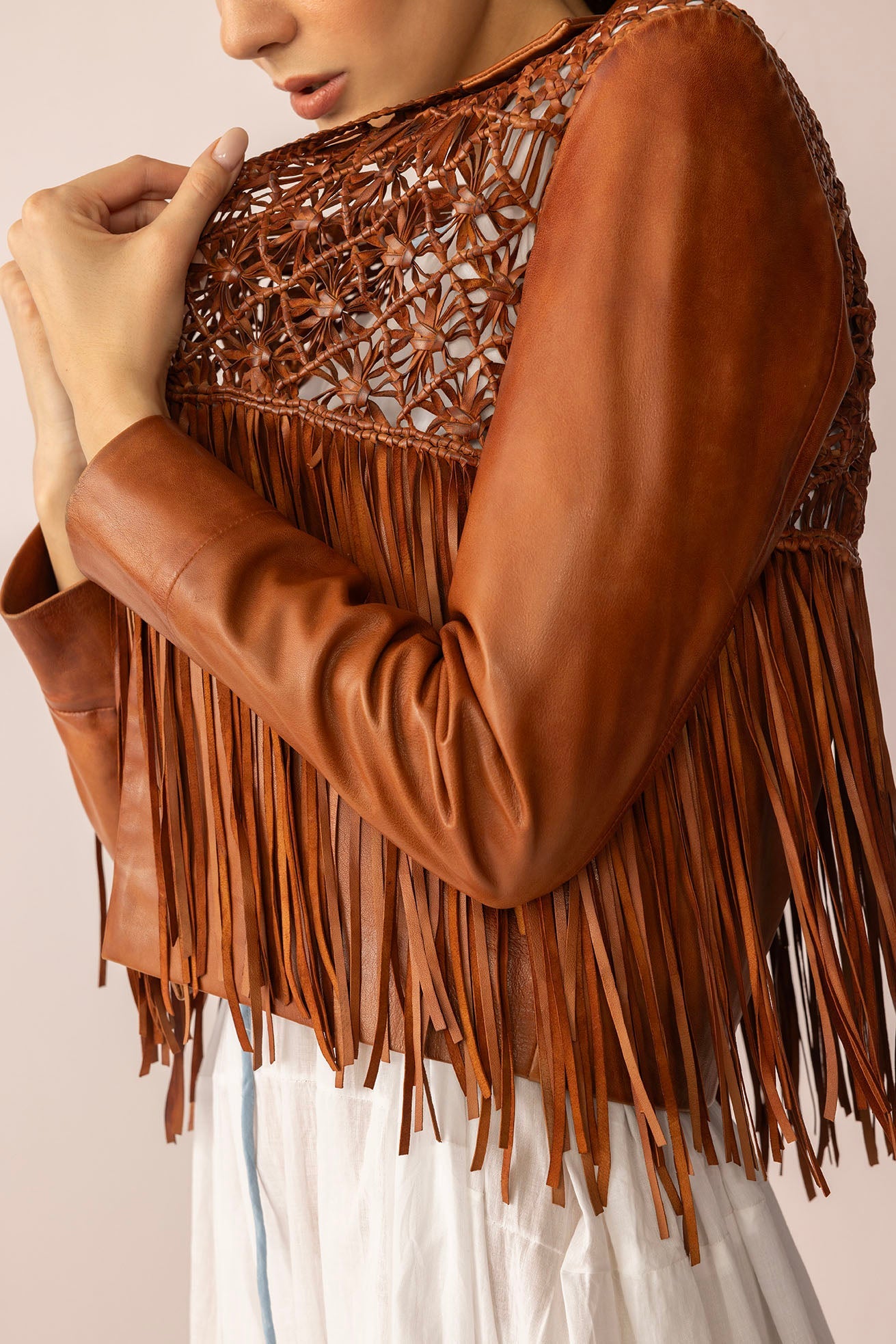 Myra Boheme Braids Leather Jacket in Maple Brown