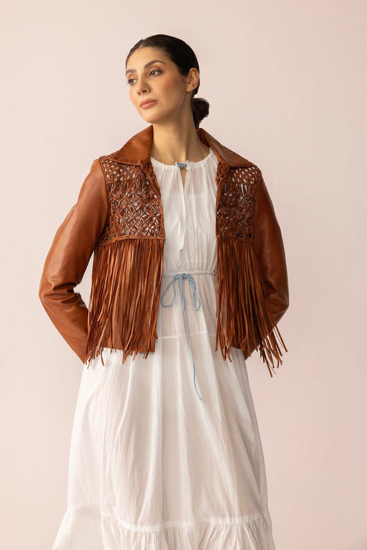 Myra Boheme Braids Leather Jacket in Maple Brown
