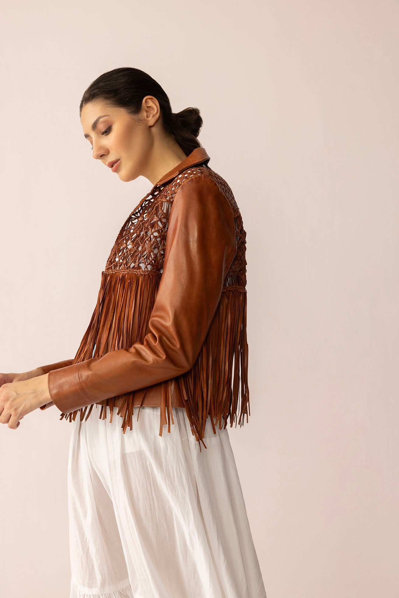 Myra Boheme Braids Leather Jacket in Maple Brown