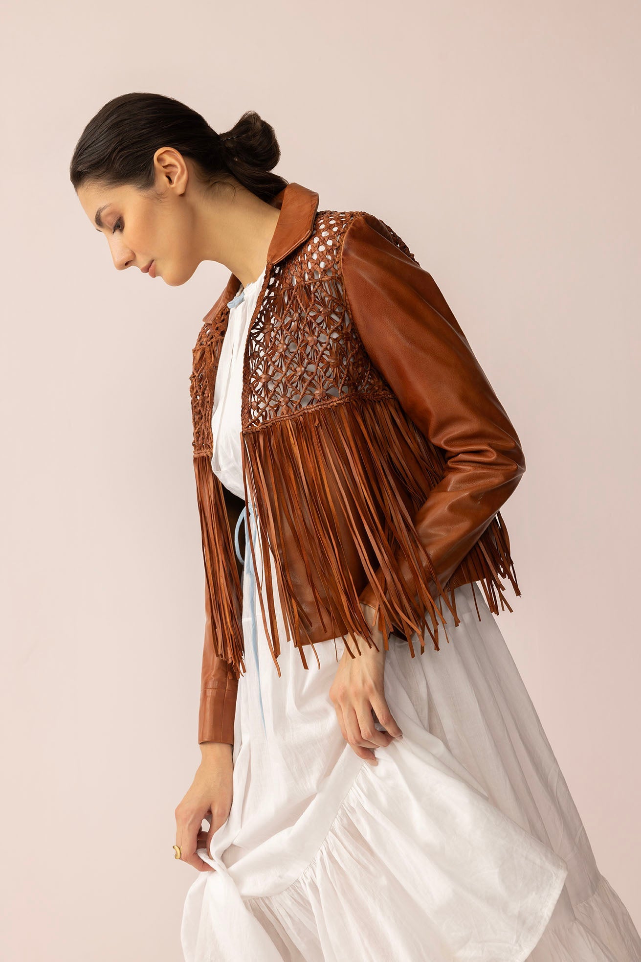 Myra Boheme Braids Leather Jacket in Maple Brown