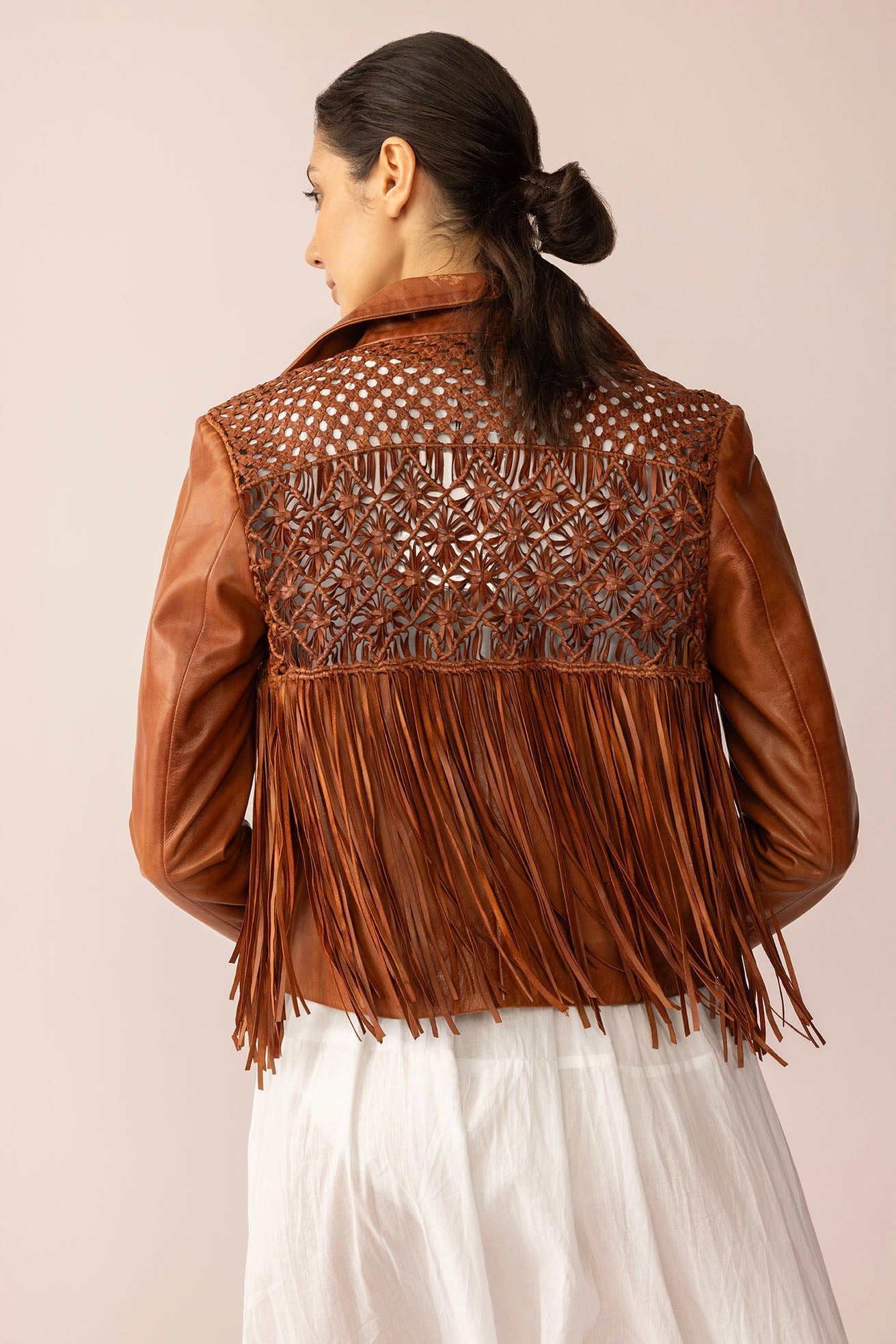 Myra Boheme Braids Leather Jacket in Maple Brown