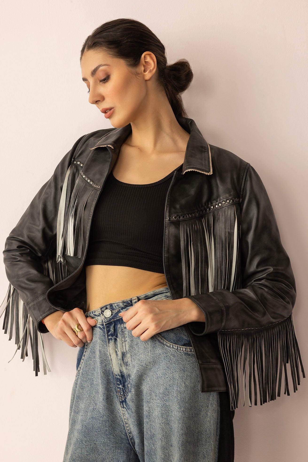 Myra Midnight Maverick Leather Jacket in Shadow Black