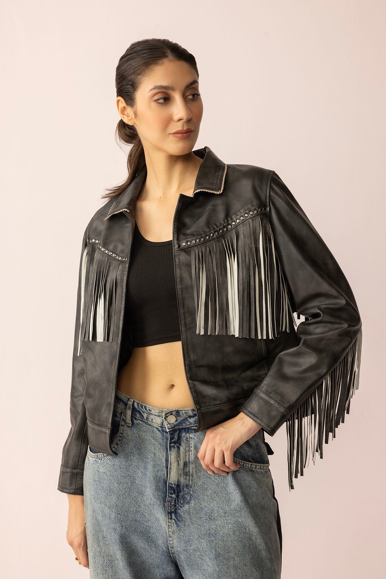 Myra Midnight Maverick Leather Jacket in Shadow Black