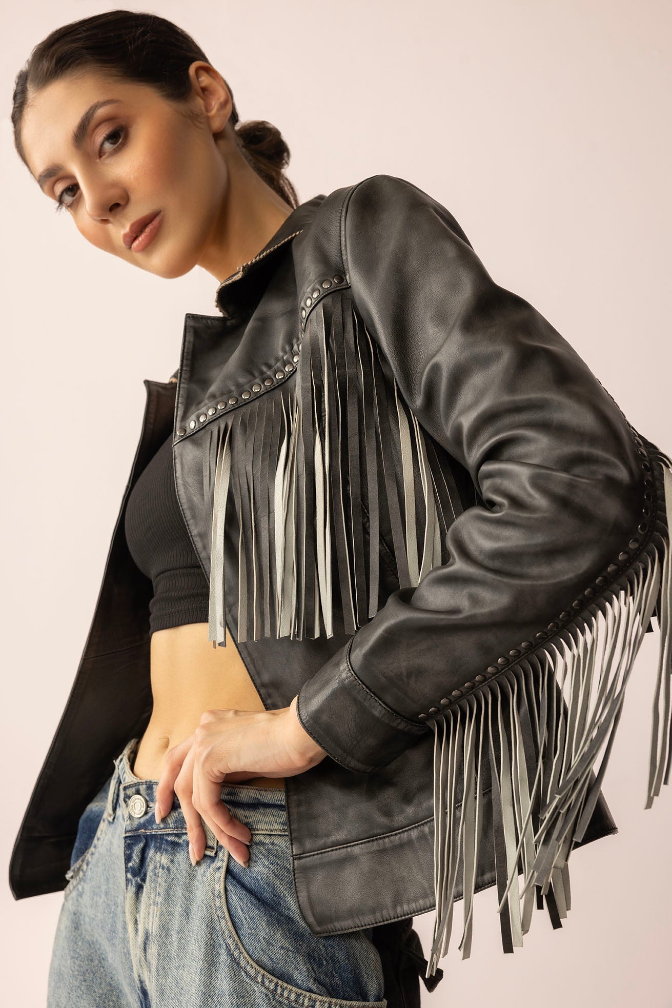 Myra Midnight Maverick Leather Jacket in Shadow Black