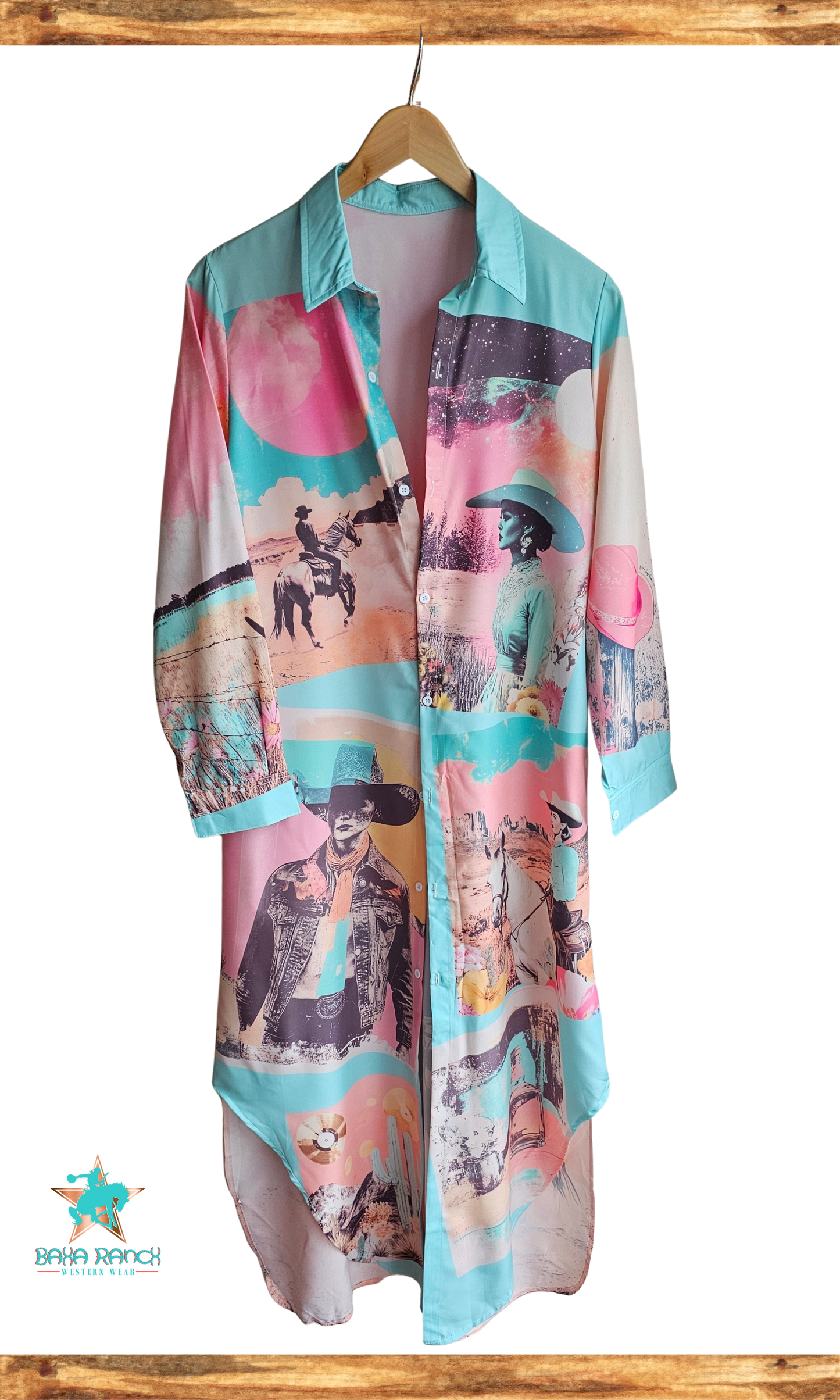 Baha Ranch Retro Pop Western Button Up Shirt Dress Duster