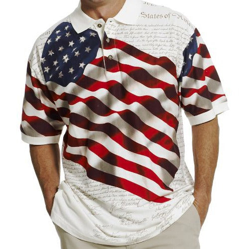 Men's Patriotic American Waving Flag 100% Cotton Polo Shirt