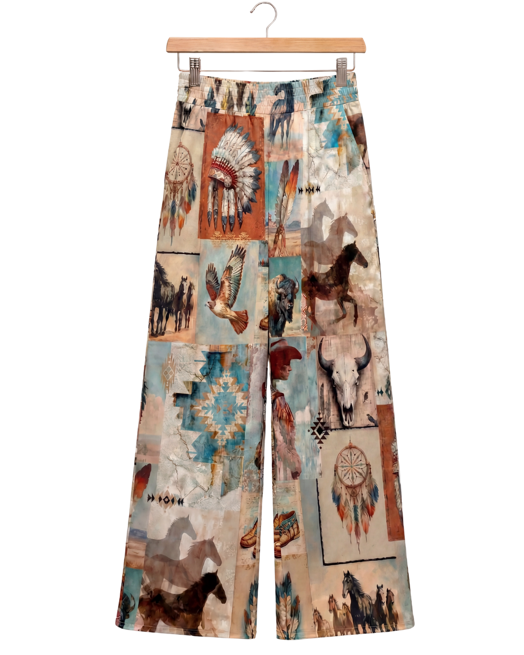 Wide-leg pants with Native American design on a hanger against a white background