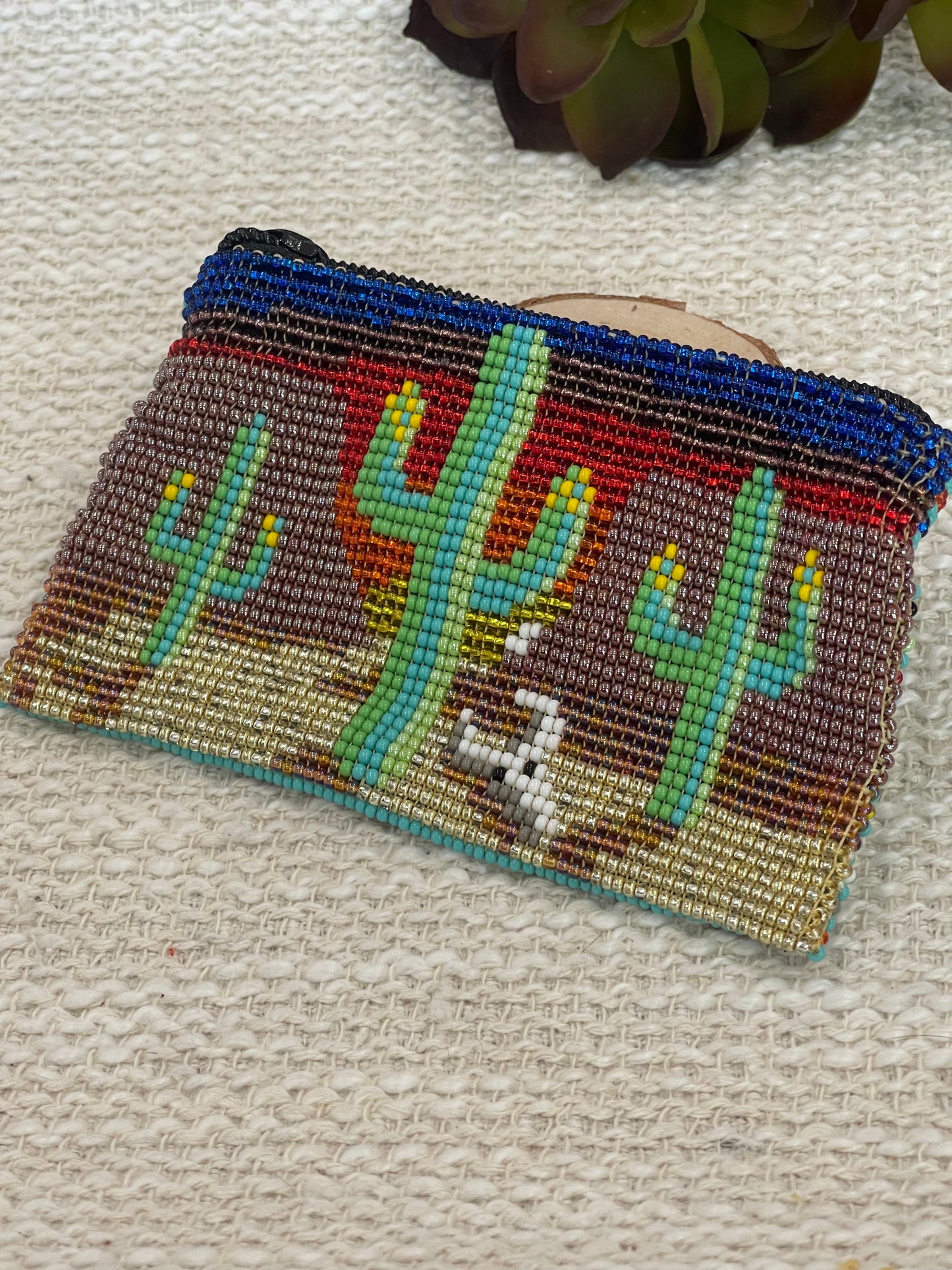 Handmade Beaded Saguaro Desert Coin Purse Light