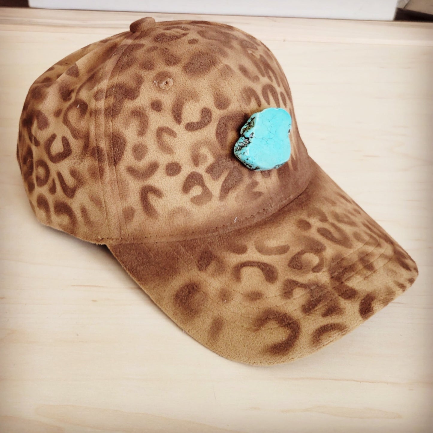 The Jewelry Junkie Hand-Painted Leopard Suede Baseball Cap Tan w/ Turq 986u