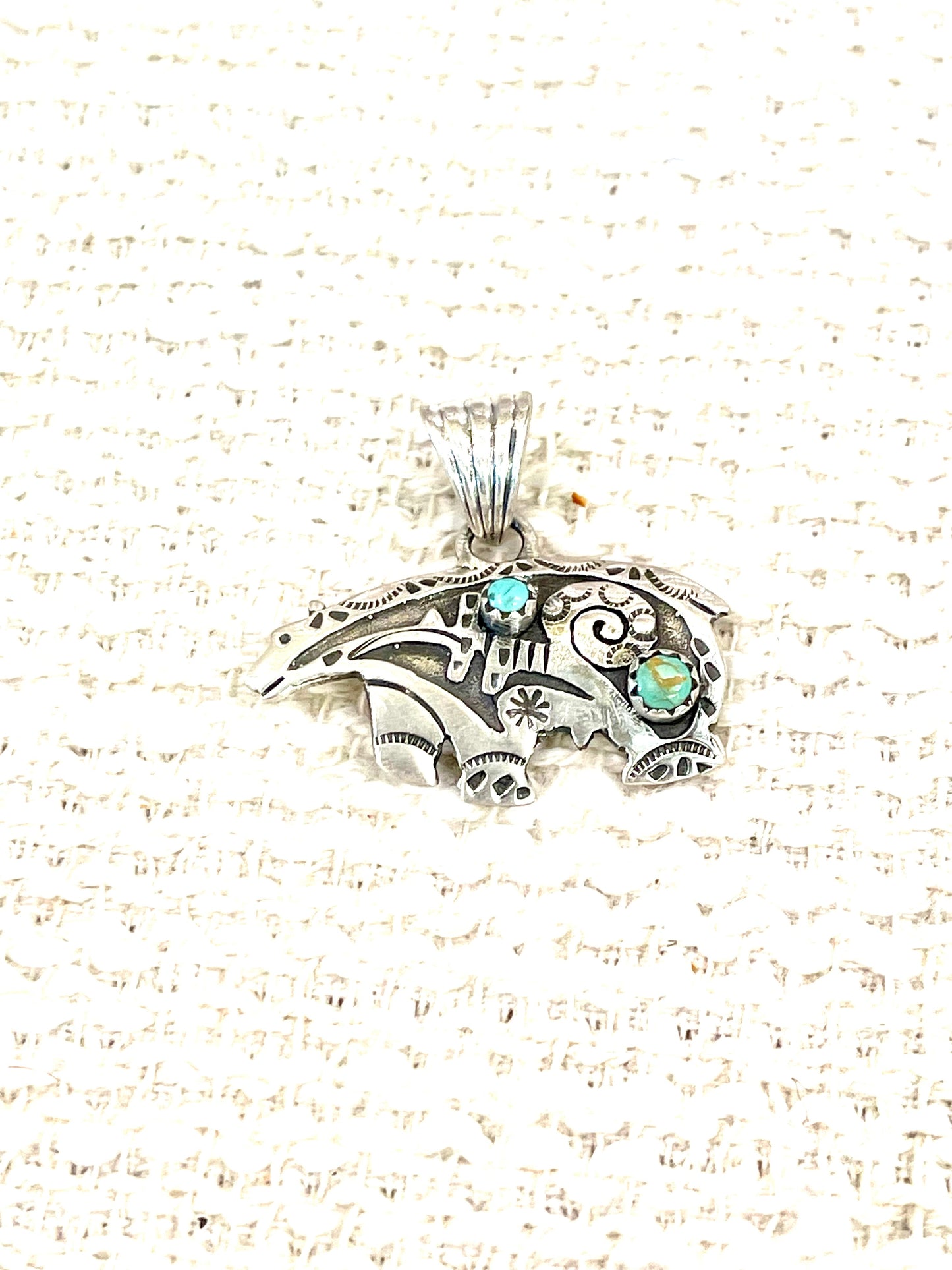 Handmade Sterling Silver & Turquoise Hand Stamped Bear Pendant with Signed Nizhoni