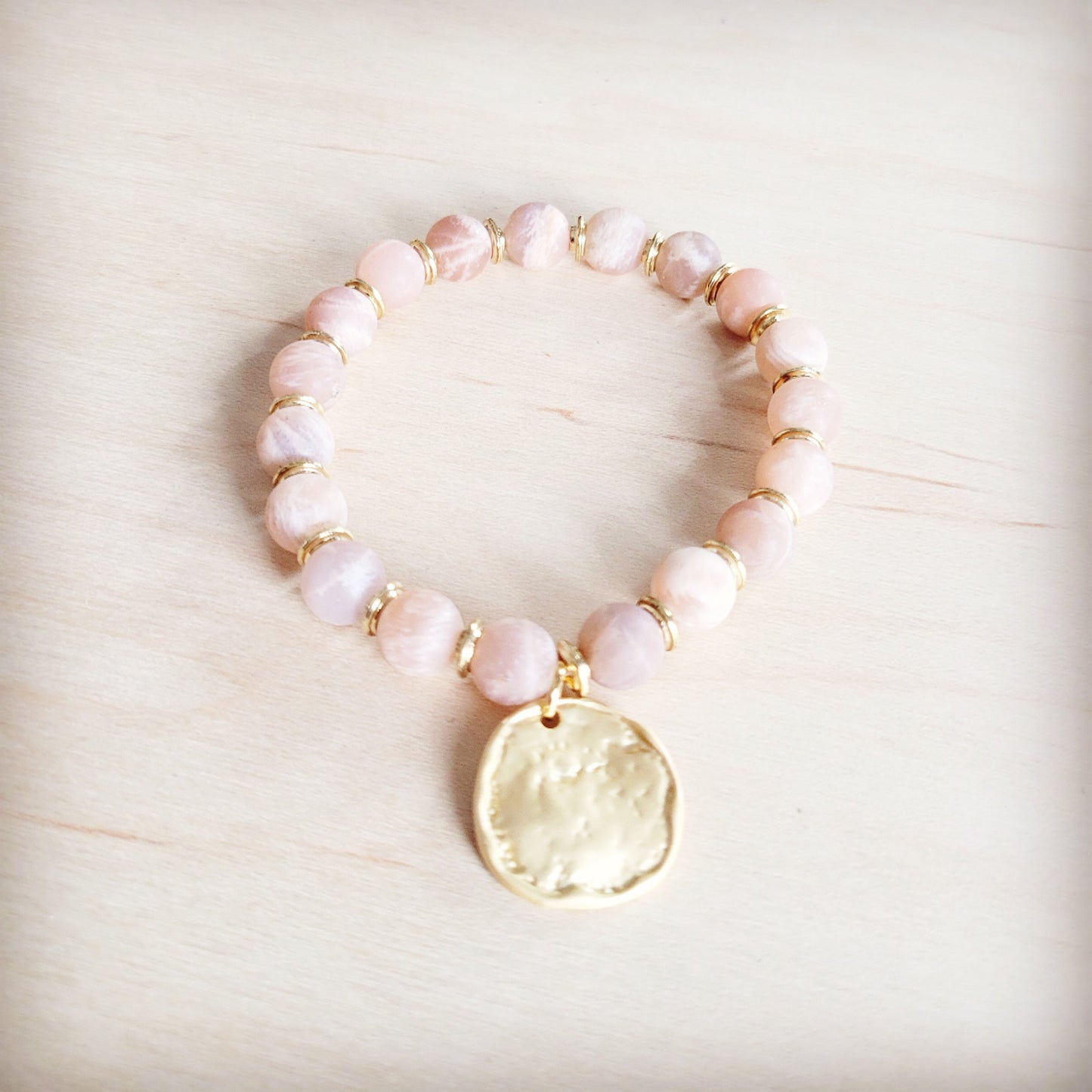 The Jewelry Junkie Frosted Sunstone Stretch Bracelet w/ Matte Gold Charm 811q