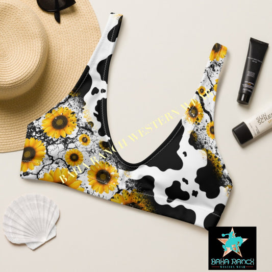 Ready to Ship Yeehaw Cowprint Sunflower Bikini Top Size LARGE