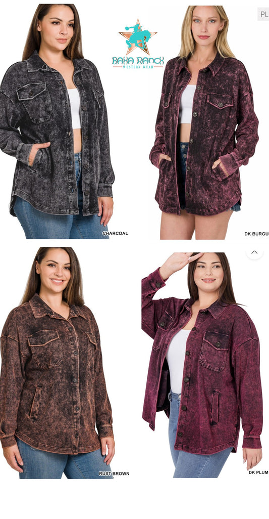 Mineral Washed Plus Size Shacket choice of colors