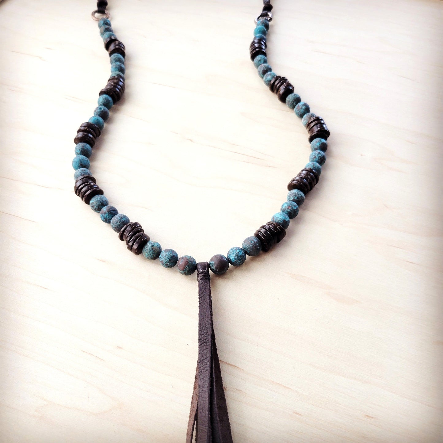 The Jewelry Junkie Natural American Turquoise Necklace w/ Wood Beads & Tassel 262i