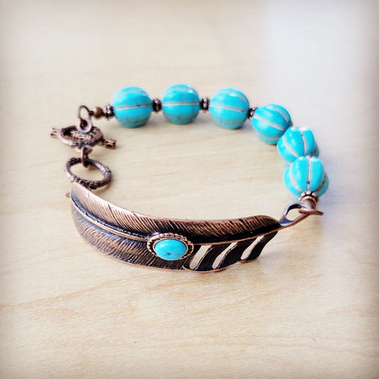 The Jewelry Junkie **Blue Melon Turquoise Beaded Bracelet on Copper Feather 810u