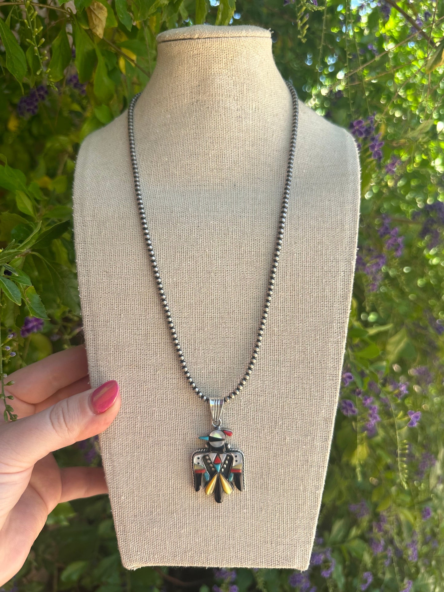Handmade Sterling Silver Multi Stone Inlay Thunderbird Pendant Signed Nizhoni